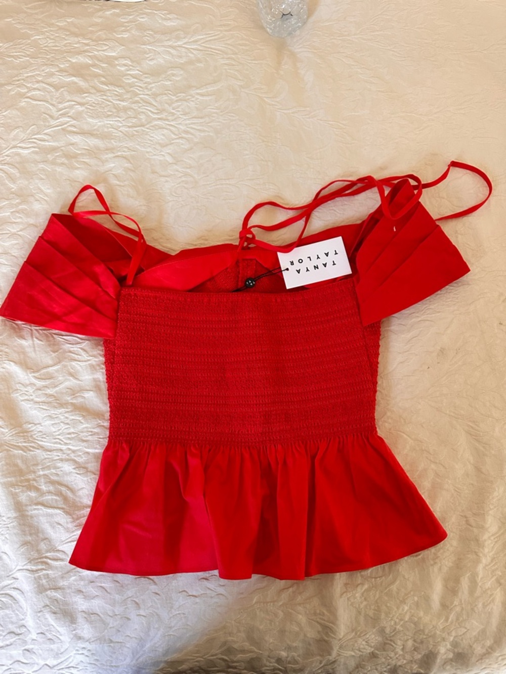 Tanya Taylor Red Off-Shoulder Smocked Peplum Top - Picture 2 of 4